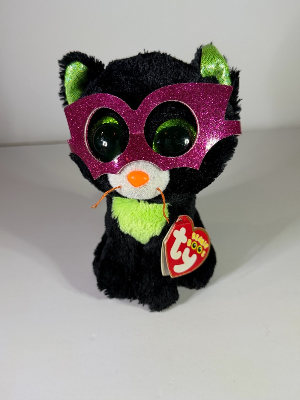 Ty Plush Black Cat with Pink Glitter Mask and Lime Green Accents